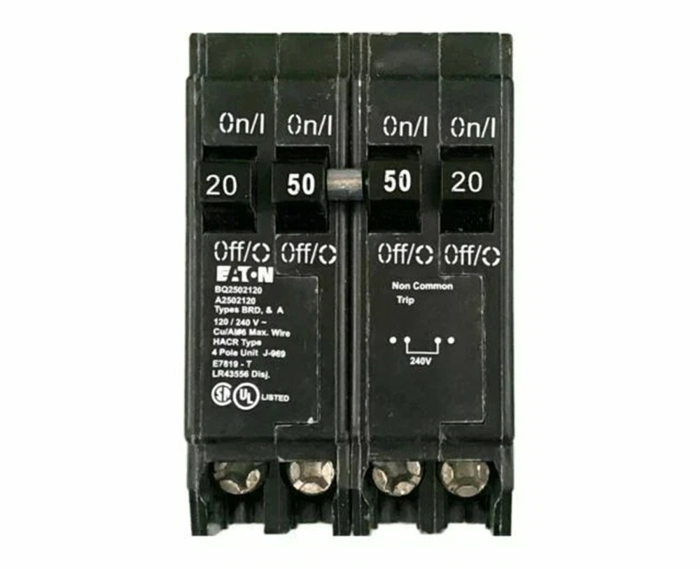 20 Amp, Eaton #BQ2502120, Circuit Breaker, Type BQ, 4-Pole, 2x 1x50A, 120/240 Volts, NEW