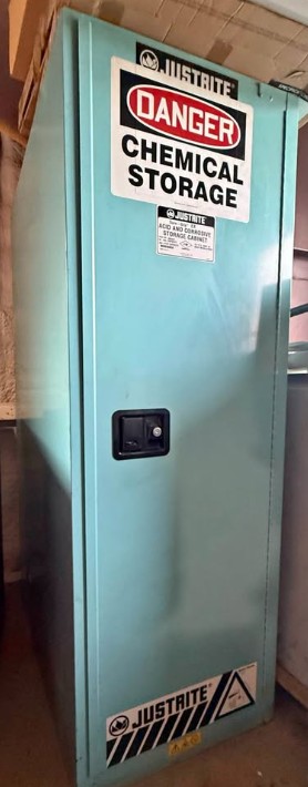 Justrite 54 gallon steel safety cabinet box, 3 shelves, 1 door, self close, corrosives/acid, like new
