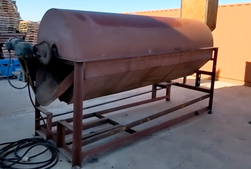 Heavy duty rotary trommel screener, single screening drum, 2 HP, sprocket / chain drive