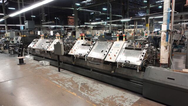 Goss & Deleeuw #SP1100, saddle stitcher, (7) pockets, cover feeder, (5) STI feeders, 3-knife trimmer, BS60