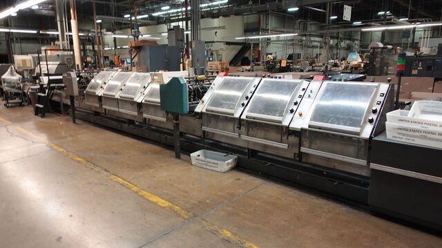 Heidelberg #Pacesetter-870, saddle stitcher, (7) pockets, cover feeder, three knife trimmer, ARPAC wrapper