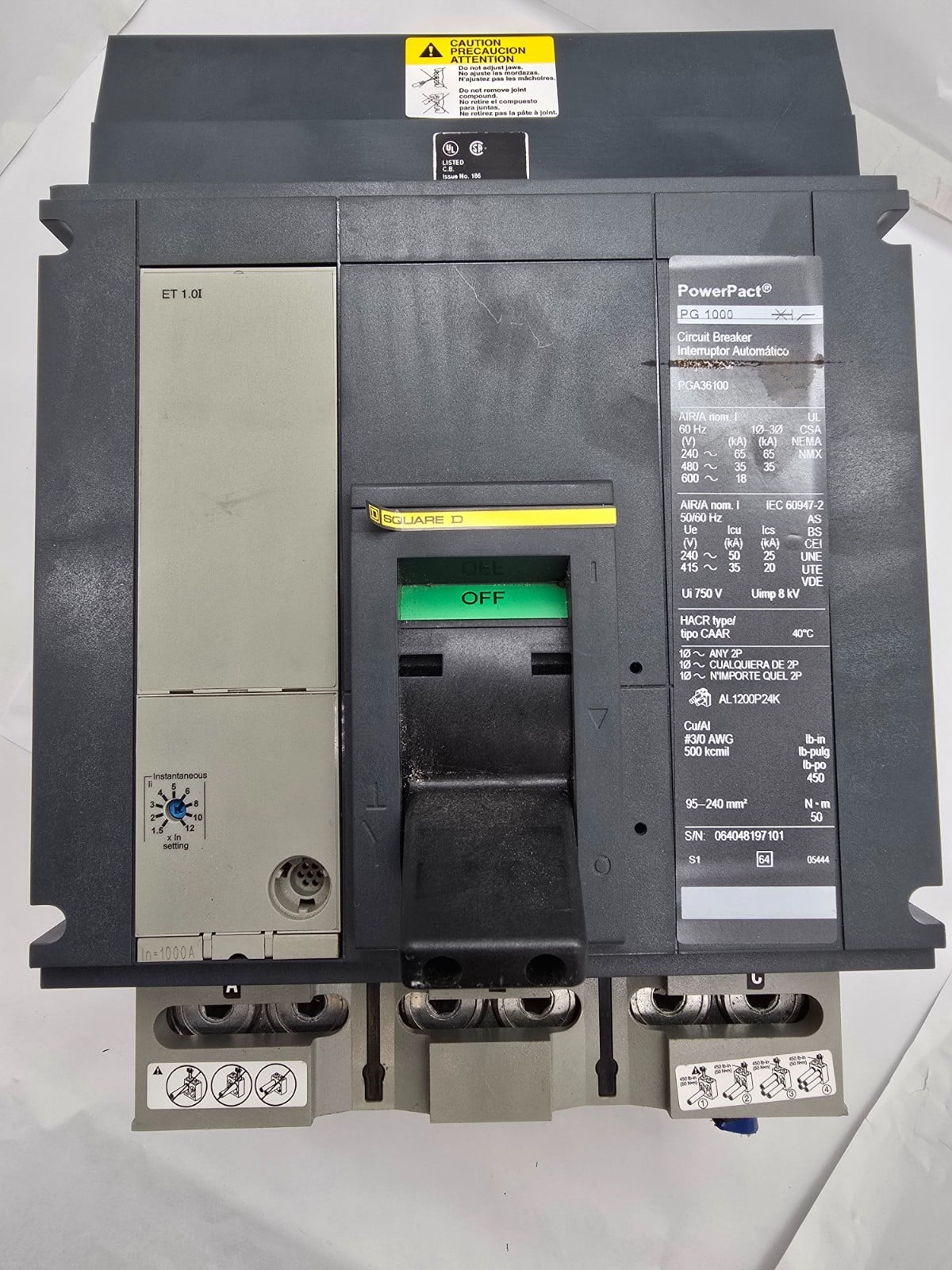 1000 Amps, Square D #PGA36100, PowerPact PG1000 I-Line Circuit Breaker, 3P, 600 Volts, AS IS