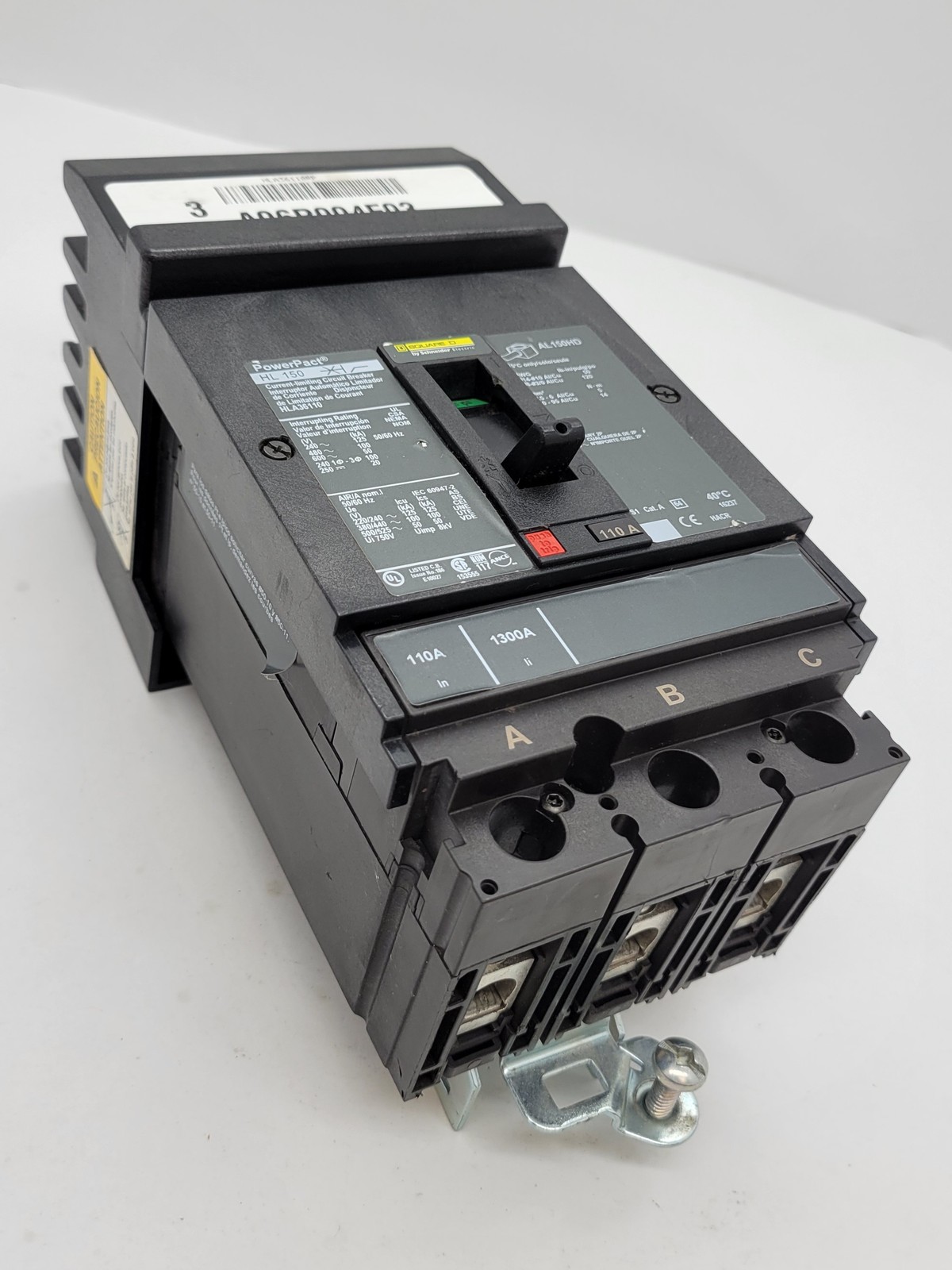 110 Amps, Square D #HLA36110, PowerPact I-Line Circuit Breaker, 3P, 600 Volts, HL150, w/ Mounting Hardware