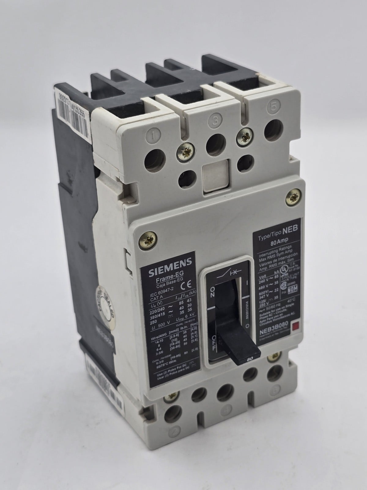 80 Amps, Siemens #NEB3B080, NEB Bolt-On Circuit Breaker, 3P, 3 phase, 600 VAC, 250 VDC, 22KA, Frame EG