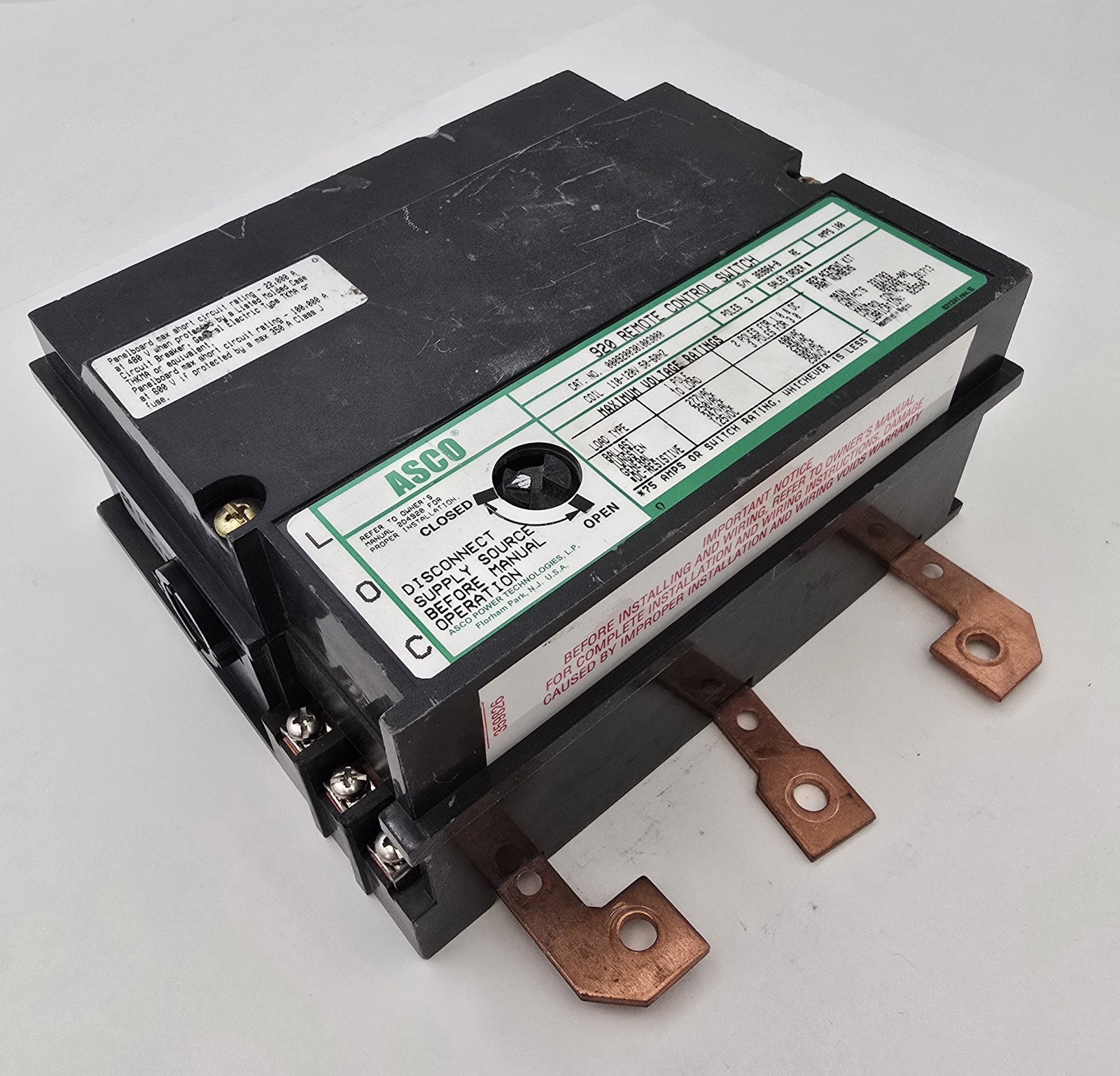 100 Amp. ASCO #9200301003000, 920 Remote Control Switch, 3P, 110-120 Volts, 50/60 Hz.