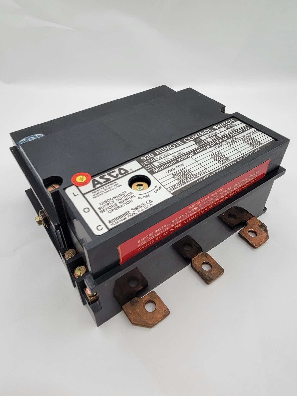 30 Amp. Asco #92033070, 920 Remote Control Switch, 3P, 600 Volts, 265-277 Volts Coil