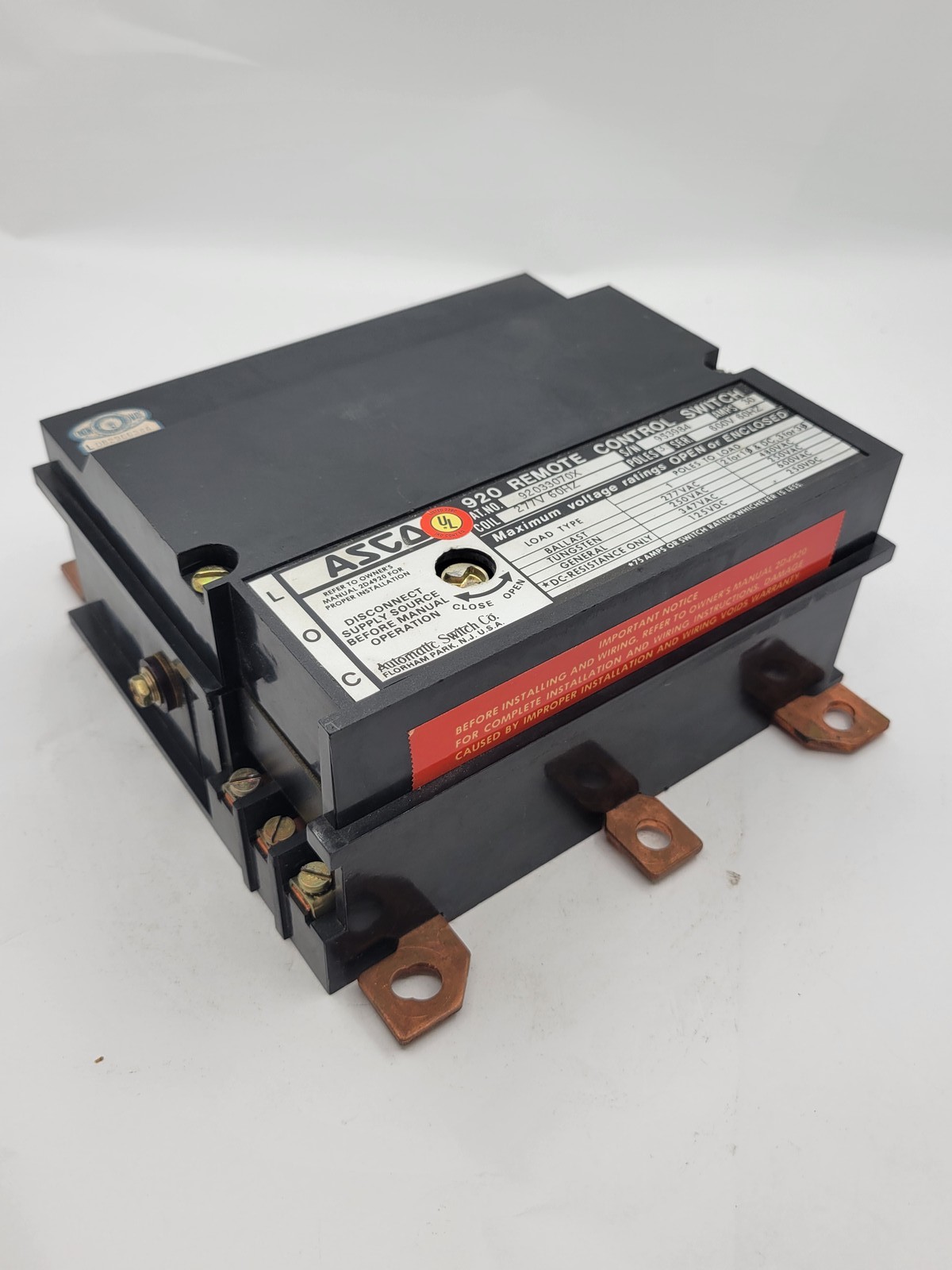 30 Amp. Asco #92033070X, 920 Remote Control Switch, 3P, 3 phase, 600 Volts, 227 Volts Coil