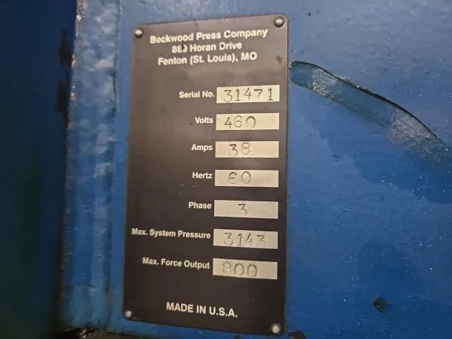 800 Ton, Beckwood #800-30-38, 4 post hydraulic press, 30" x 38" bed, 12" stroke, 11" shut height, 23"
