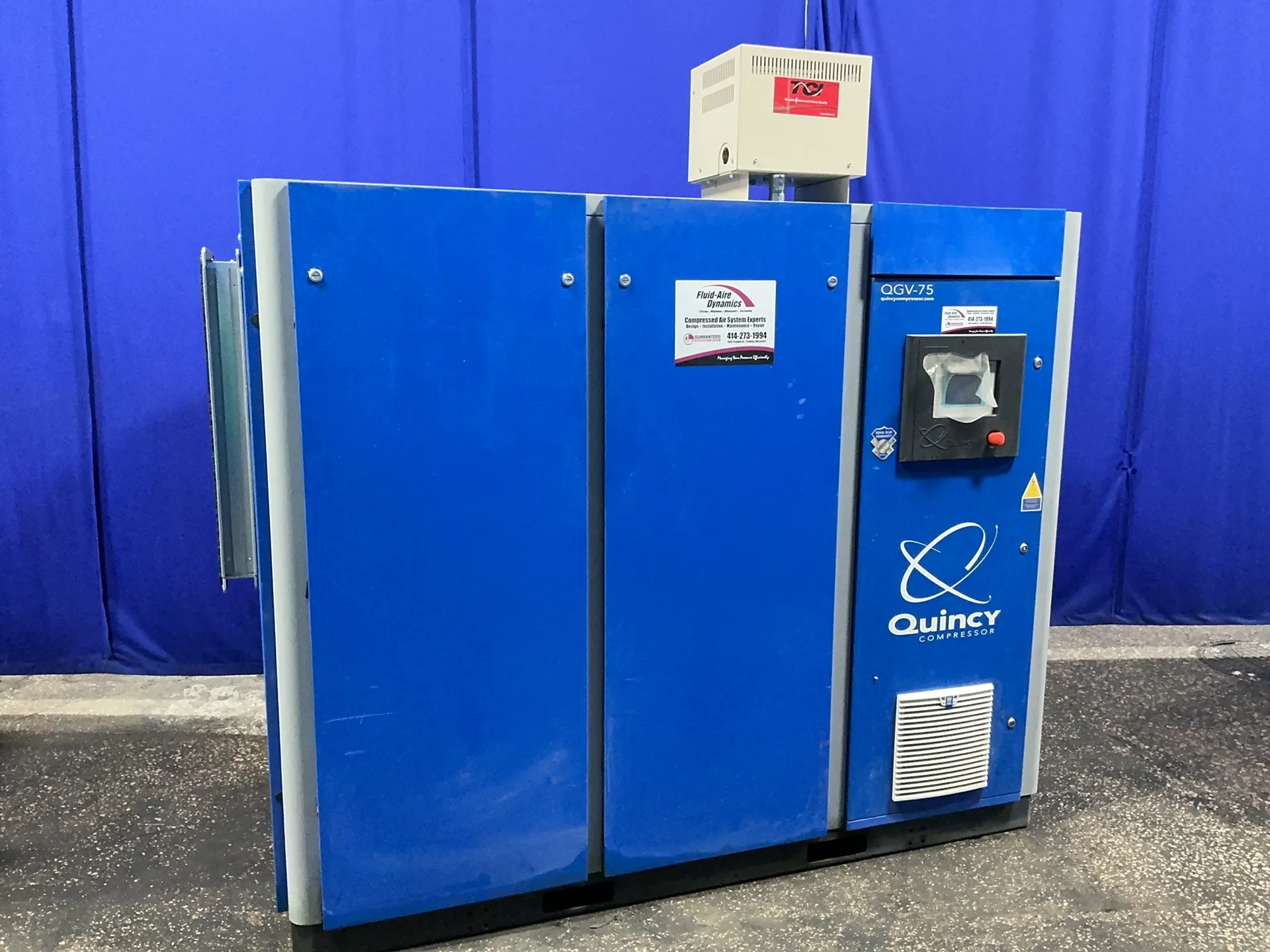 200 PSI, Quincy #QGV-75, Rotary Screw Air Compressor, 75 HP, 1790 RPM, 179/89.7 A, Siemens Simatic touch