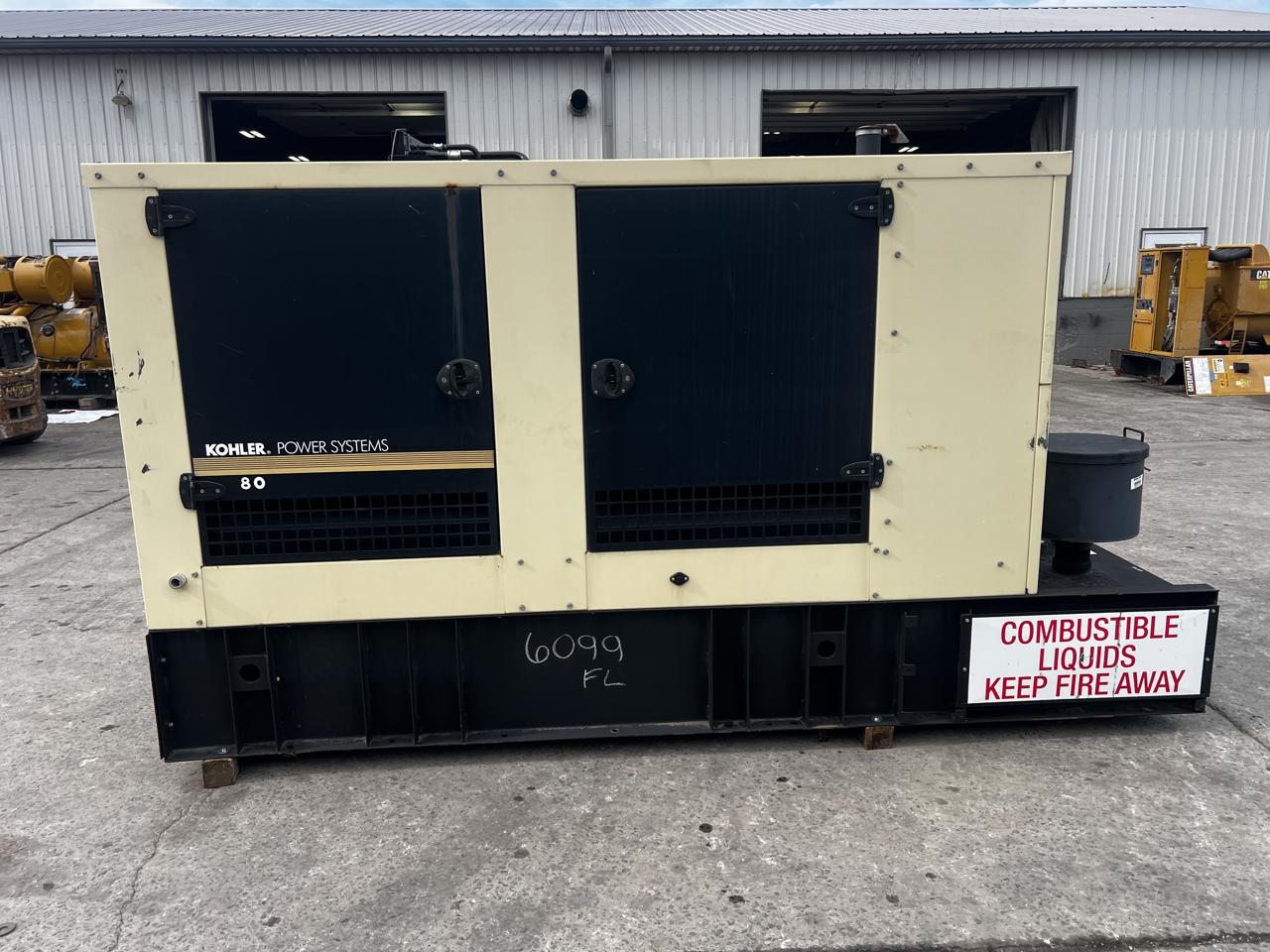 80 KW Kohler, generator set, sound attenuated enclosure, base fuel tank, 4.5 liter John Deere engine, 387