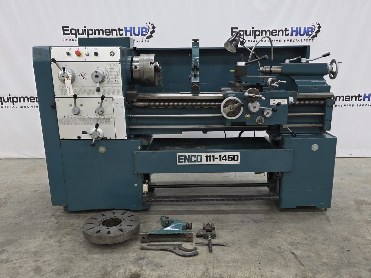 14" x 40" Enco #111-1450, gap bed geared head engine lathe, 8" swing over cross slide, 3-jaw 10" chuck, 5.4