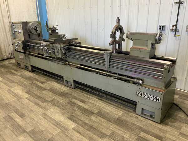 24" x 120" Jet #24X120PGH, gap bed engine lathe, 16-1/2" swing over cross slide, 3-jaw 12" chuck, foot brake