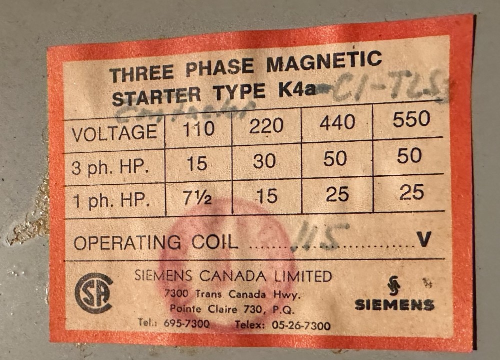 Siemens Canada, Type K4a, 3-Phase Magnetic Contactor - Starter, 50 HP @ 440-550 Volts, 3-Pole, 115V Coil, CSA