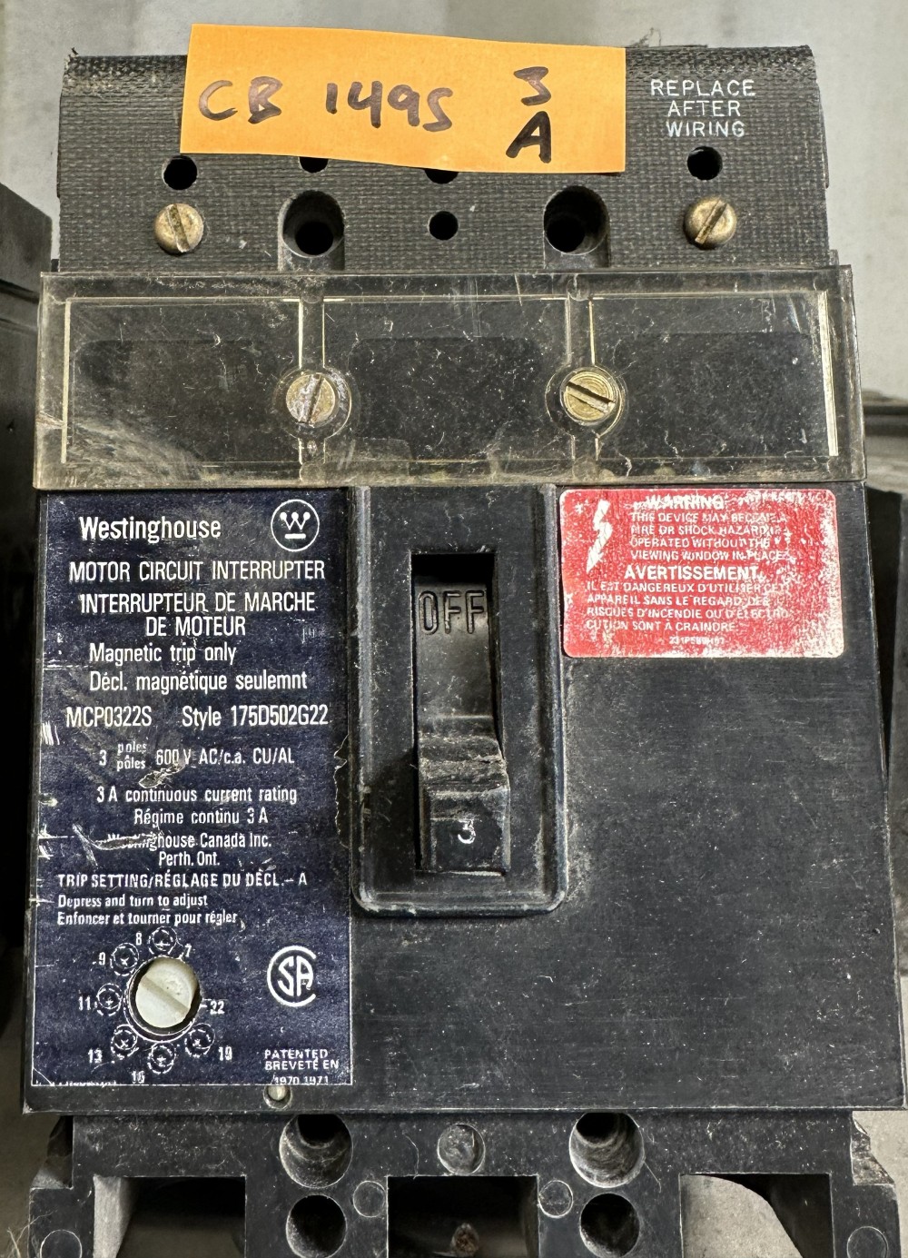 3 Amps, Westinghouse, MCP0322S, Motor Circuit Interrupter, 3-Pole, 600 V Max., Adjustable Magnetic Trip, 7A -
