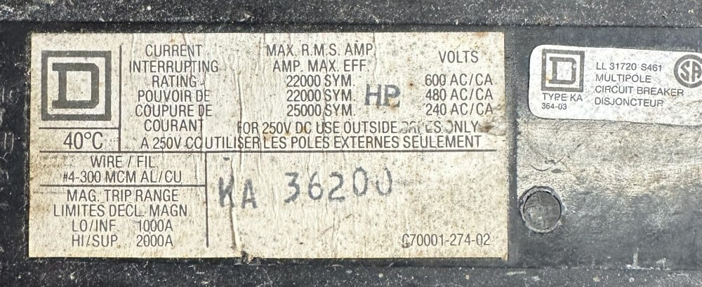200 Amps, Square D, KA36200, Integral Thermal-Magnetic Adjustable Trip at 1000A - 2000A, MCCB, 3-Pole, 600V