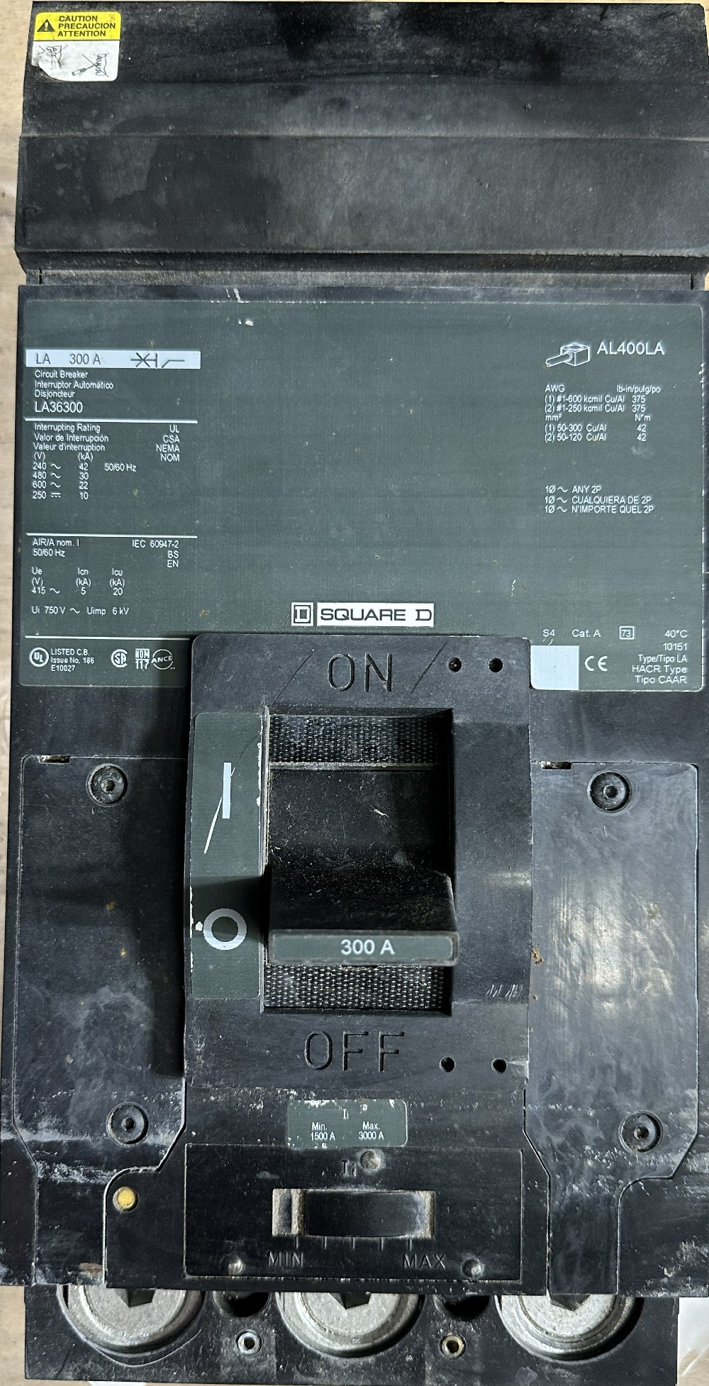 Square D, LA363200, Integral Thermal-Magnetic Adjustable Trip at 1500A - 3000A, MCCB, 3-Pole, 300A, 600V Max.