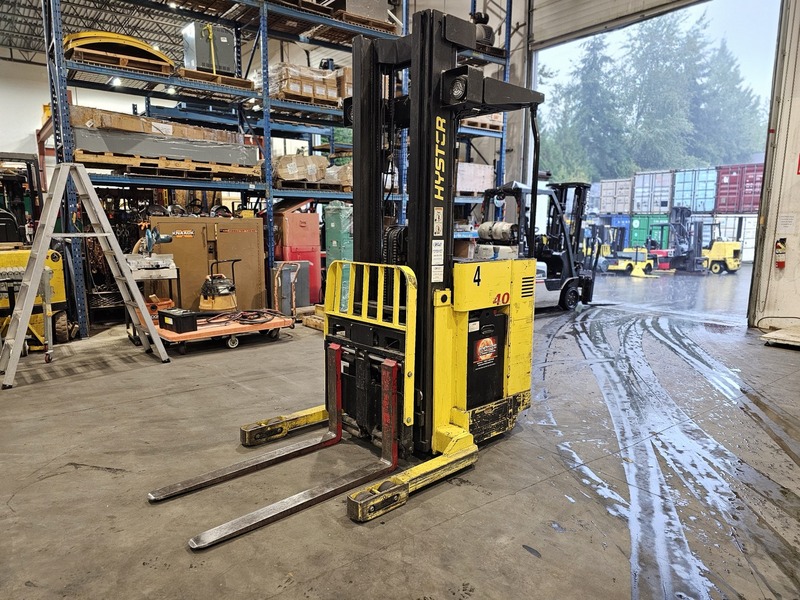 3900 lb. Hyster #40XMR, Electric Stand-Up Reach Truck, 242" lift height, 24" load center, side shift, GNB