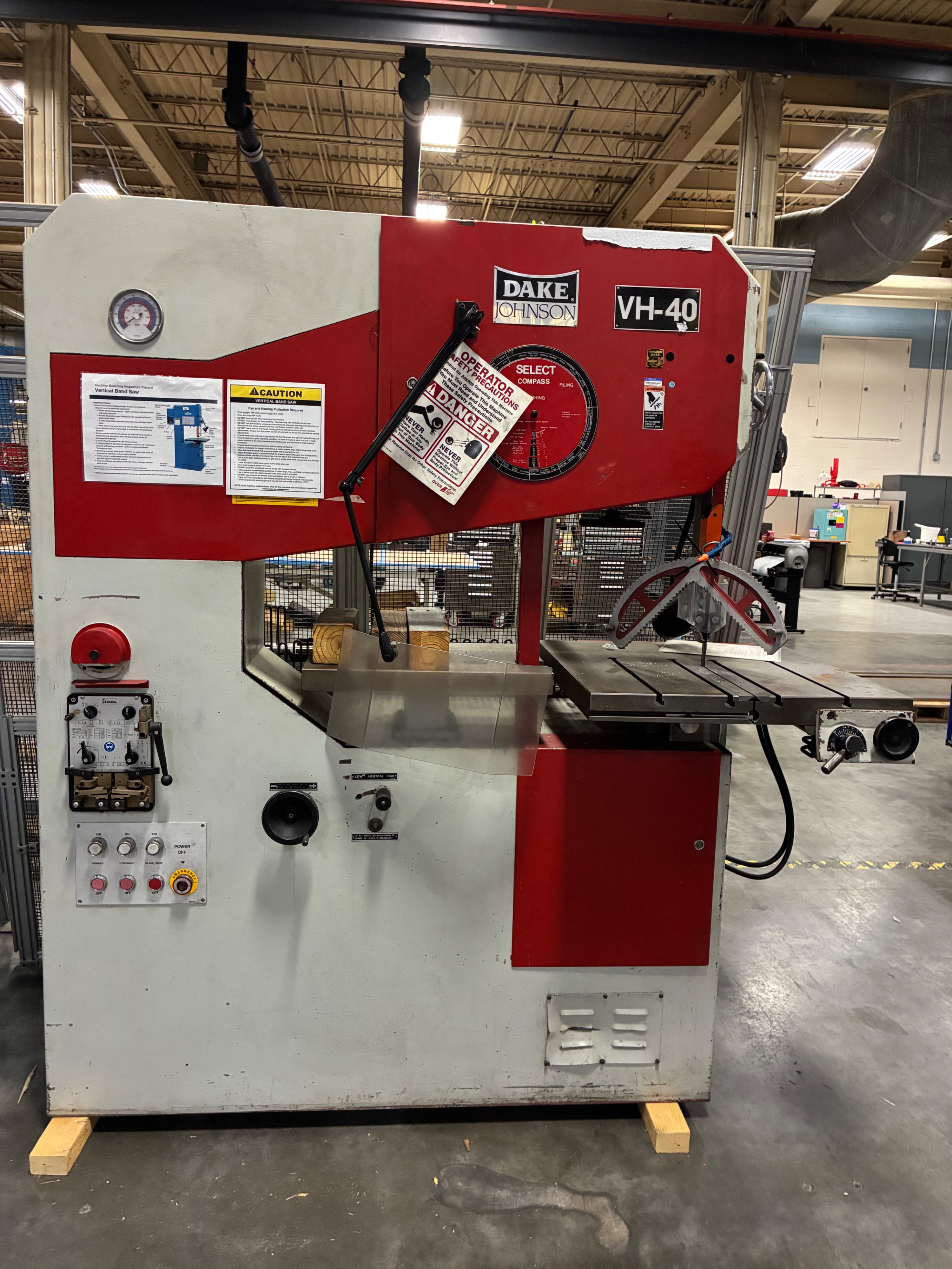 Dake Johnson #VH-40, Vertical Band Saw, Ideal BSS 025 blade welder/grinder, slotted work table, chip guard