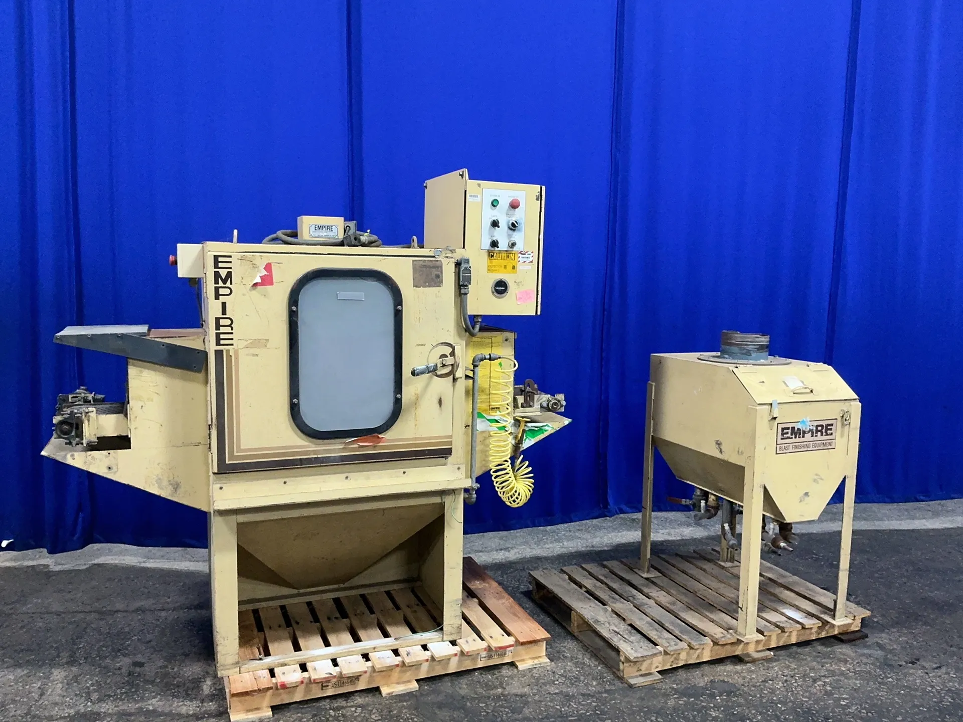 36" x 23" x 31" Empire #IL-885-M-00576, in-line conveyor blast cabinet with hopper, 9" x 74" conveyor belt
