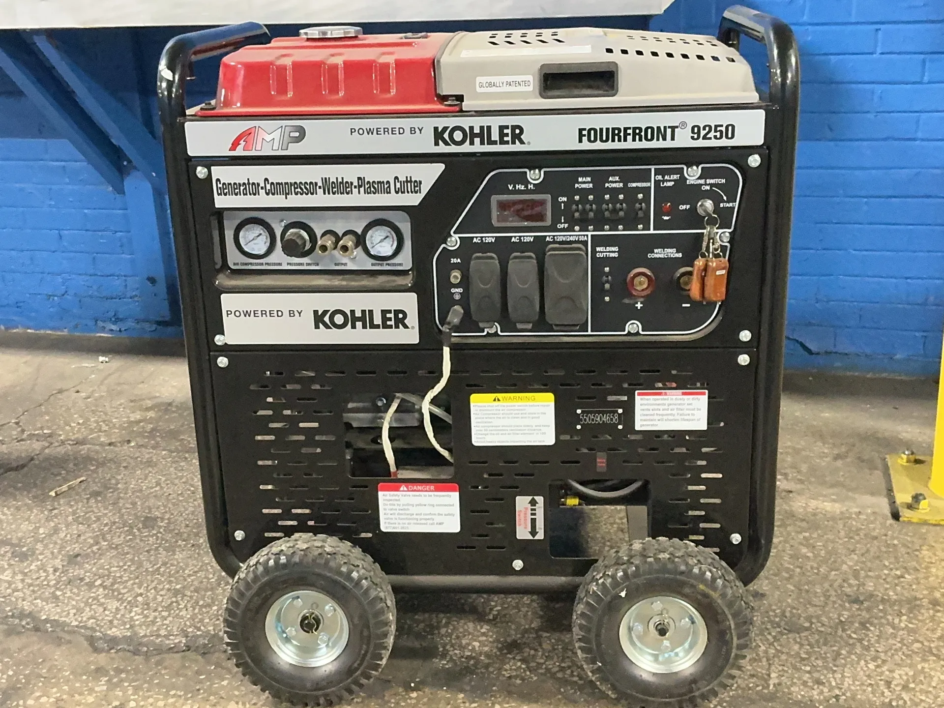 Kohler #Fourfront-9250, generator/compressor/welder/plasma cutter, 14 HP, 7.93 gallon gas tank, 20 A, 120 V.