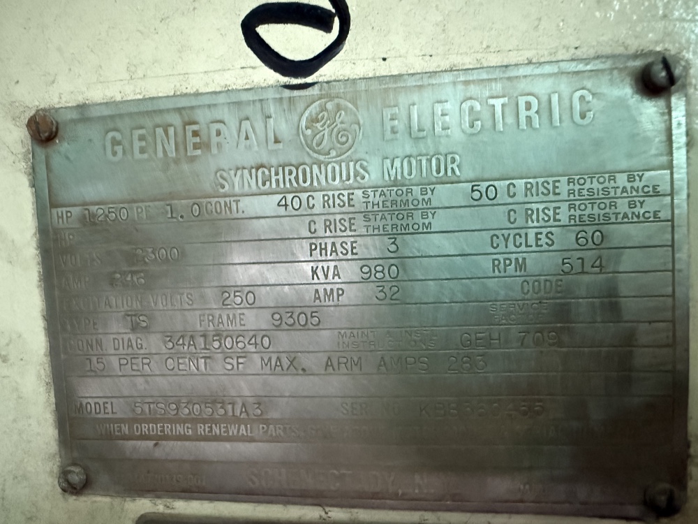 1250 HP 514 RPM General Electric, Frame 9305, 2300 VA, 250DC VF, 1.0 PF, (2 available)