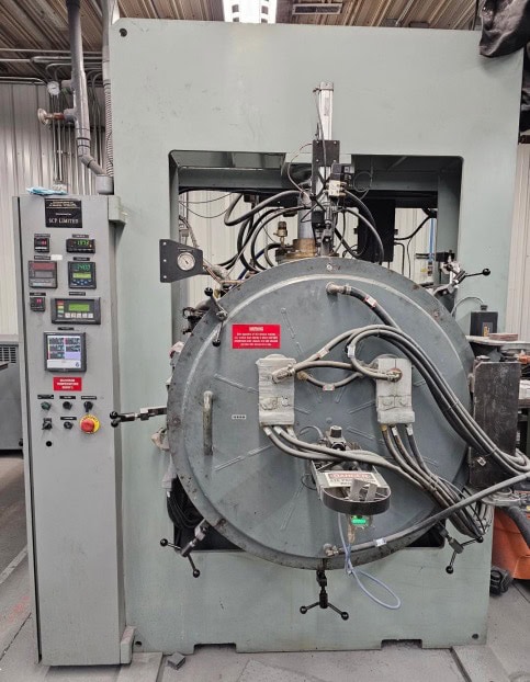 19" width x 21" D x 14" H, SCP, vacuum hot press, 50 Ton, 2000°C, 5" diameter graphite rams, 120 KW, 480 V.