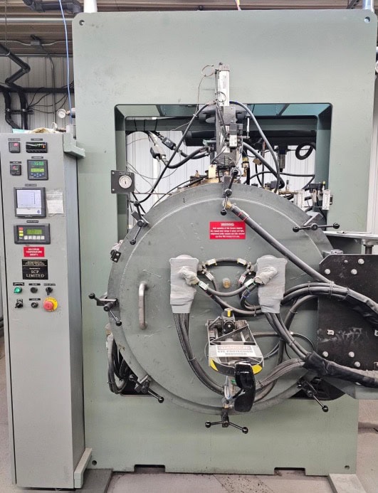 19" width x 21" D x 14" H, SCP, vacuum hot press, 50 Ton, 2000°C, 5" diameter graphite rams, 120 KW, 480 V.