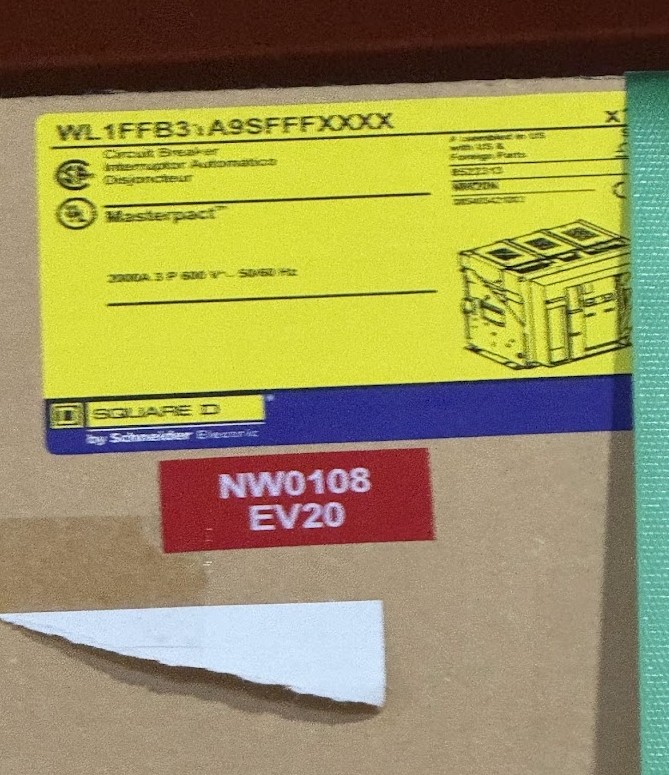 2000 Amps, Square D #NW20N, MasterPact NW circuit breaker, WL1FFB31A9SFFFXXXX, 3-pole, 600 Volts, 50/60 Hz.