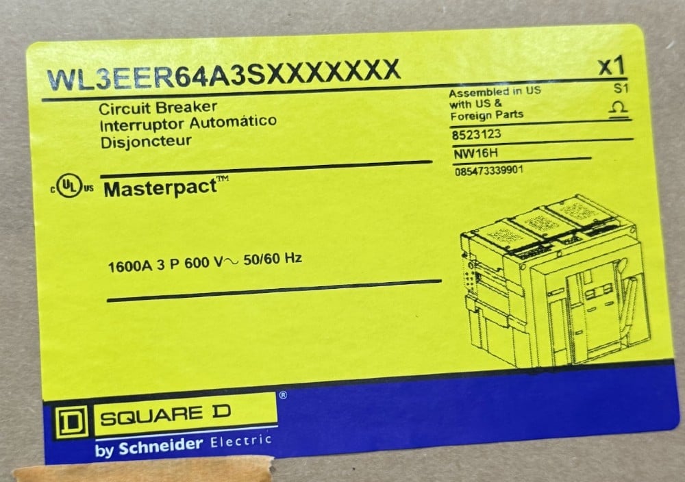 1600 Amps, Square D, NW16H, MasterPact NW circuit breaker, WL3EER64A3SXXXXXXX, 3-pole, 600 Volts, 50/60 Hz.