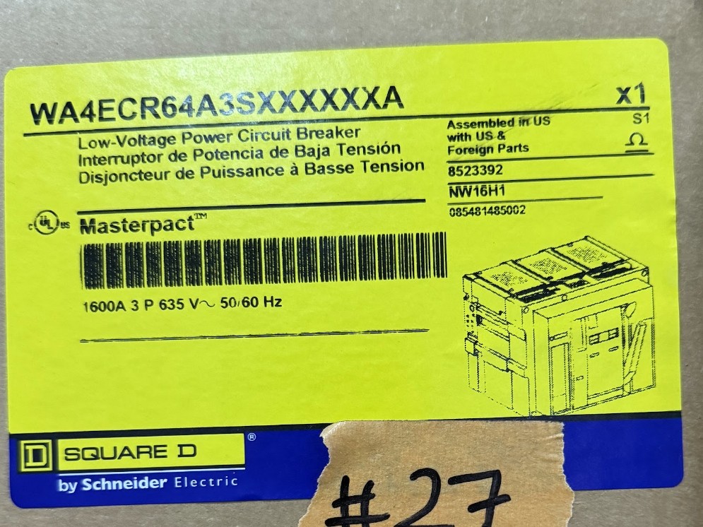 1600 Amps, Square D, NW16H1, MasterPact NW circuit breaker, WA4ECR64A3SXXXXXXA, 3-pole, 635 Volts, Micrologic