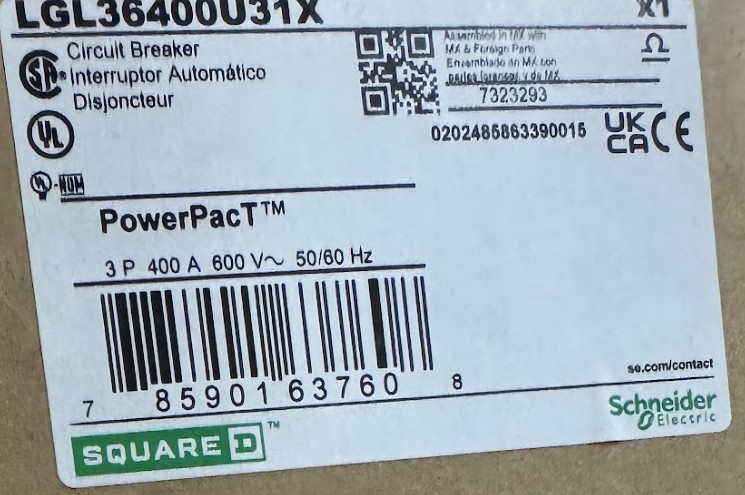 400 Amps, Square D, LGL36400U31X, PowerPacT L molded case circuit breaker, 3-pole, 600 Volts, MicroLogic 3.3