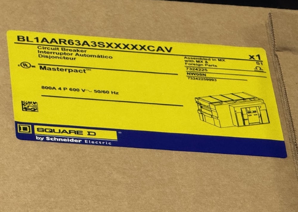 800 Amps, Square D, NW08N, MasterPact NW circuit breaker, BL1AAR63A3SXXXXXCAV, 4-pole, 600 Volts, 50/60 Hz.
