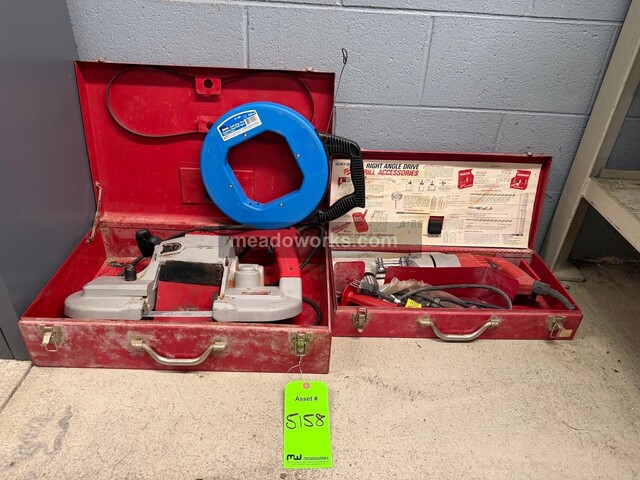 Milwaukee #6230, Tool Lot, portable band saw, right angle drill, Ideal 120' fish tape, steel cases