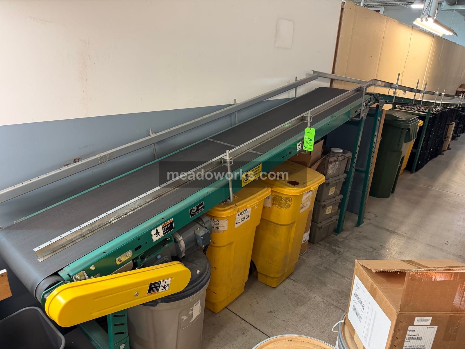ACSI, Powered Belt Conveyor w/Gravity Roller Conveyor Line, gear reducer drive, side guide rails, long roller