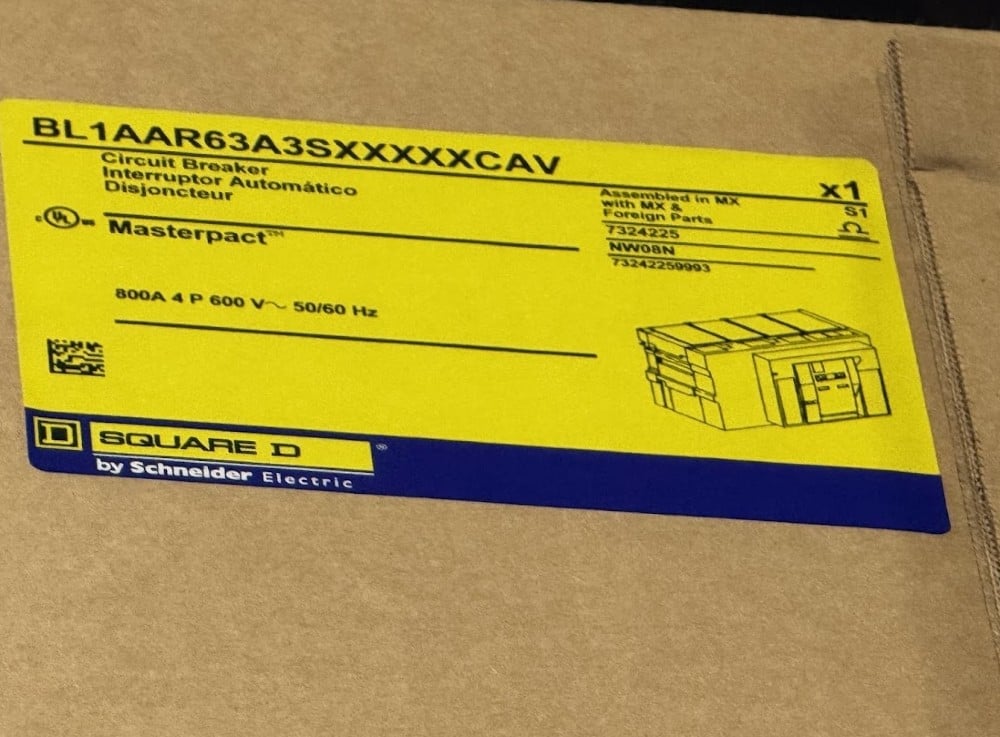 800 Amps, Square D, NW08N, MasterPact NW circuit breaker, BL1AAR63A3SXXXXXCAV, 4-pole, 600 Volts, new surplus