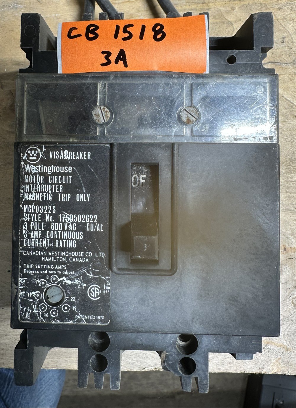 3 Amps, Westinghouse, MCP0322S, VisABreaker Motor Circuit Protector, 3-Pole, 600 VAC, Adjustable 7A-22A, w/