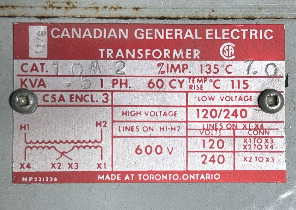 0.5 KVA 600 Primary, 120/240 Secondary, Canadian General Electric, 10M2, Single Phase, Isolation Transformer