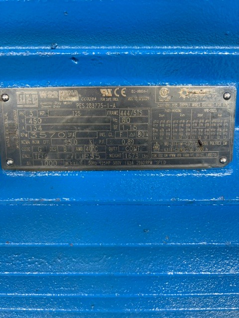 125 HP 3600 RPM Weg, Frame 444/5T, TEFC, 460/134 Volts, f3-junction box