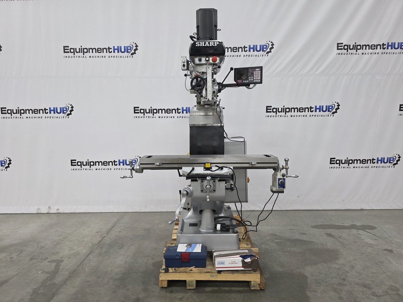 Sharp #LMV-49-SMD, vertical milling machine, 9" x49" table, 11 HP, 360° head swivel, 45° head tilt, new