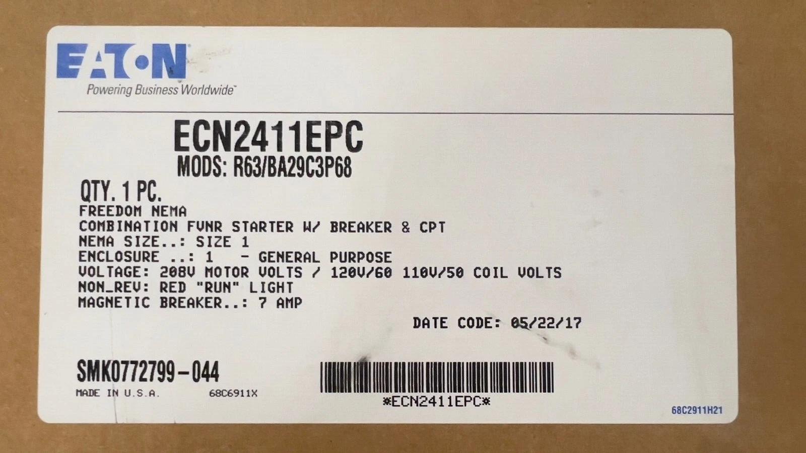 Eaton Cutler-Hammer #ECN2411EPC, Freedom NEMA Combination Starter, 7 amp magnetic breaker, 120/110 coil