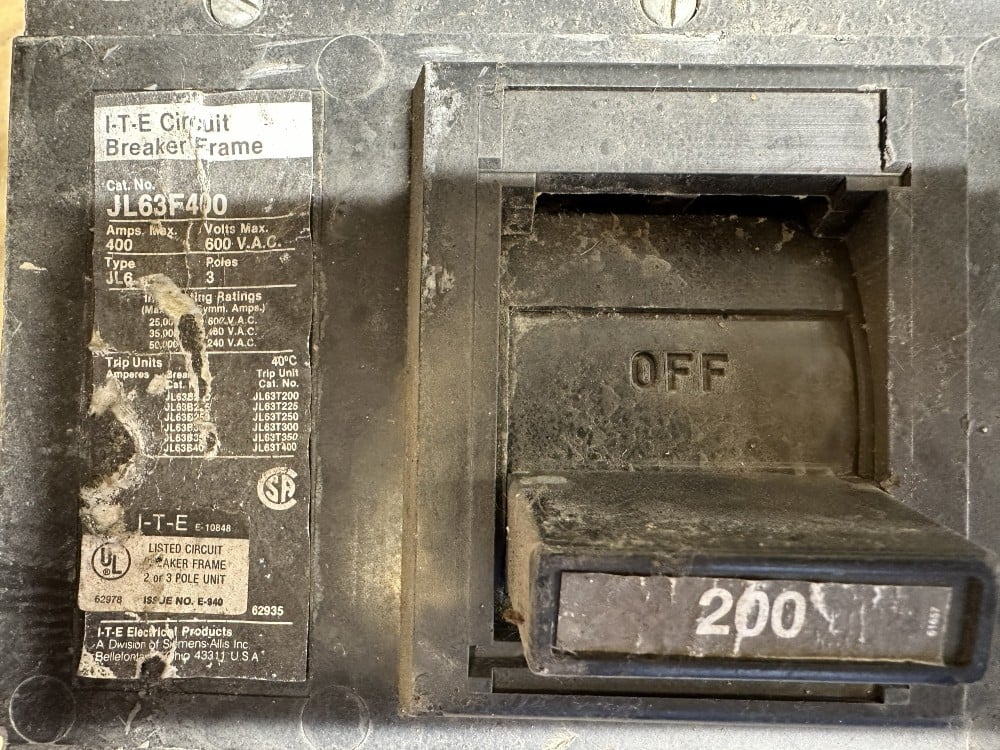200 Amps, ITE, JL63F400, 400A Frame Molded Case Circuit Breaker, 3-Pole, 600 VAC, Adjustable Magnetic Trip