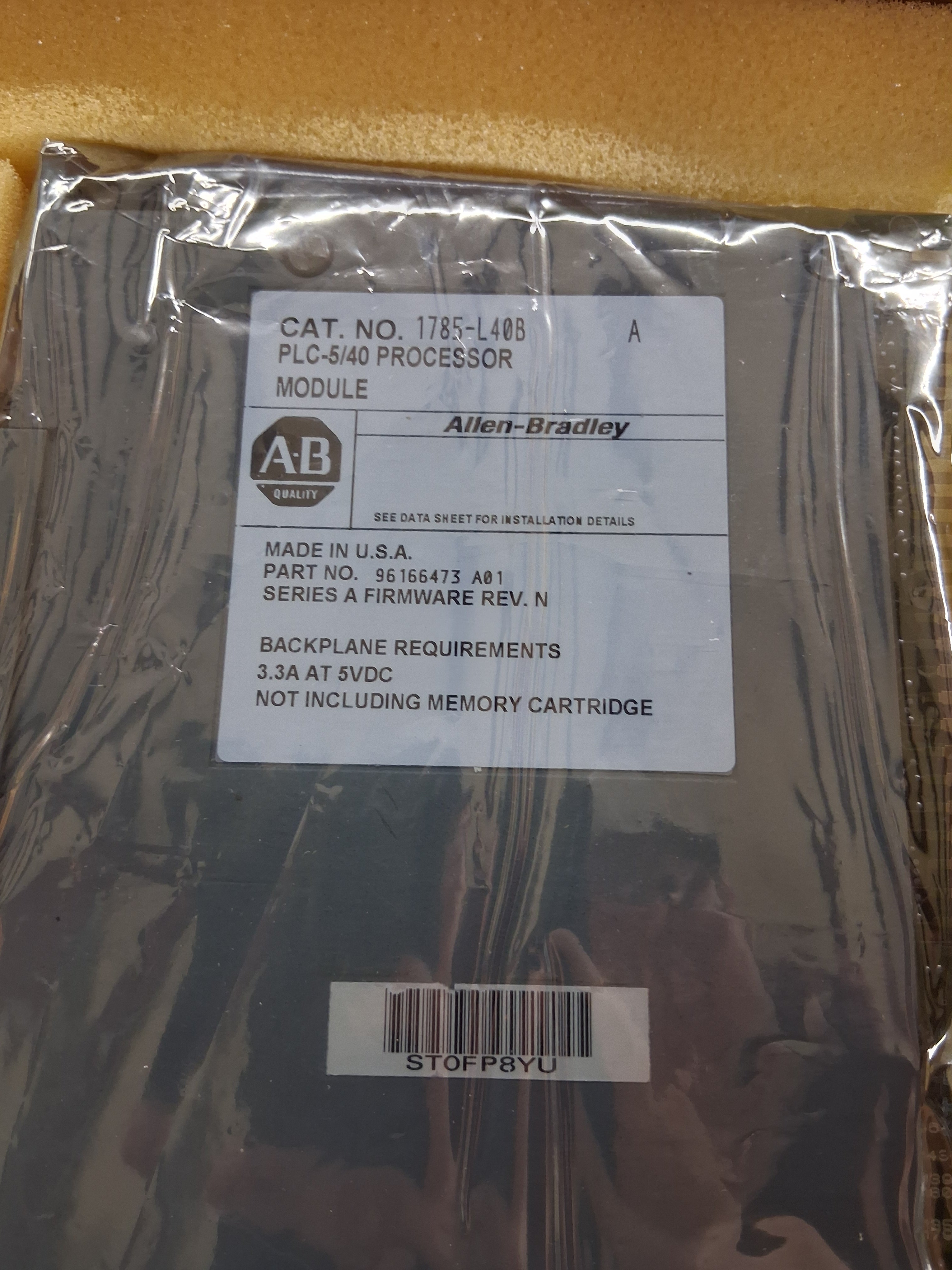 Allen-Bradley #1785-L40B, PLC-5/40 Processor Module, Series A, Firmware Rev. N, 3.3 Amp @ 5 Volts DC