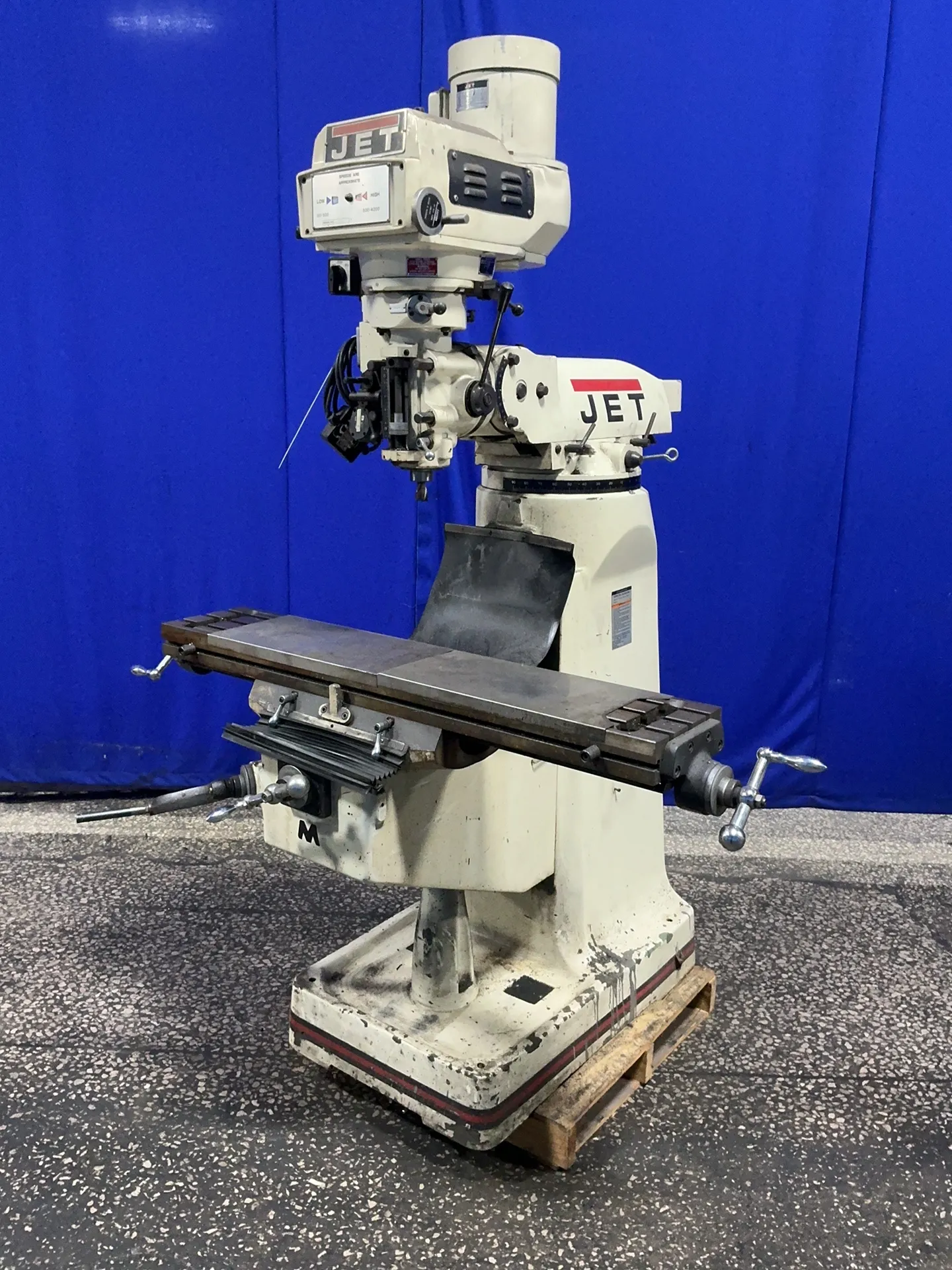 Jet #JTM-4VS, vertical mill, 9" x 49" table, 3 HP, 1720 RPM, 230/460 V.