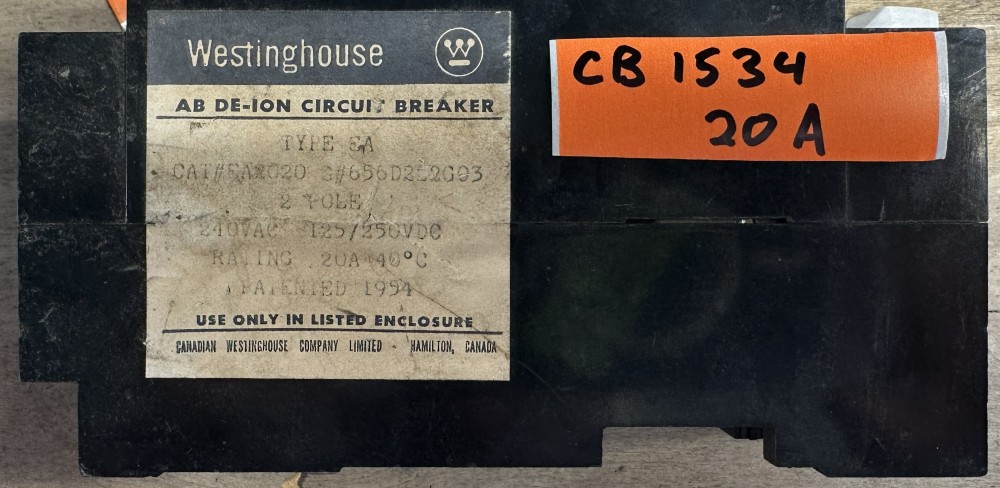 20 Amps, Westinghouse, EA2020, AB De-Ion Type EA Molded Case Circuit Breaker, 2-Pole, 240 VAC / 125-250 VDC