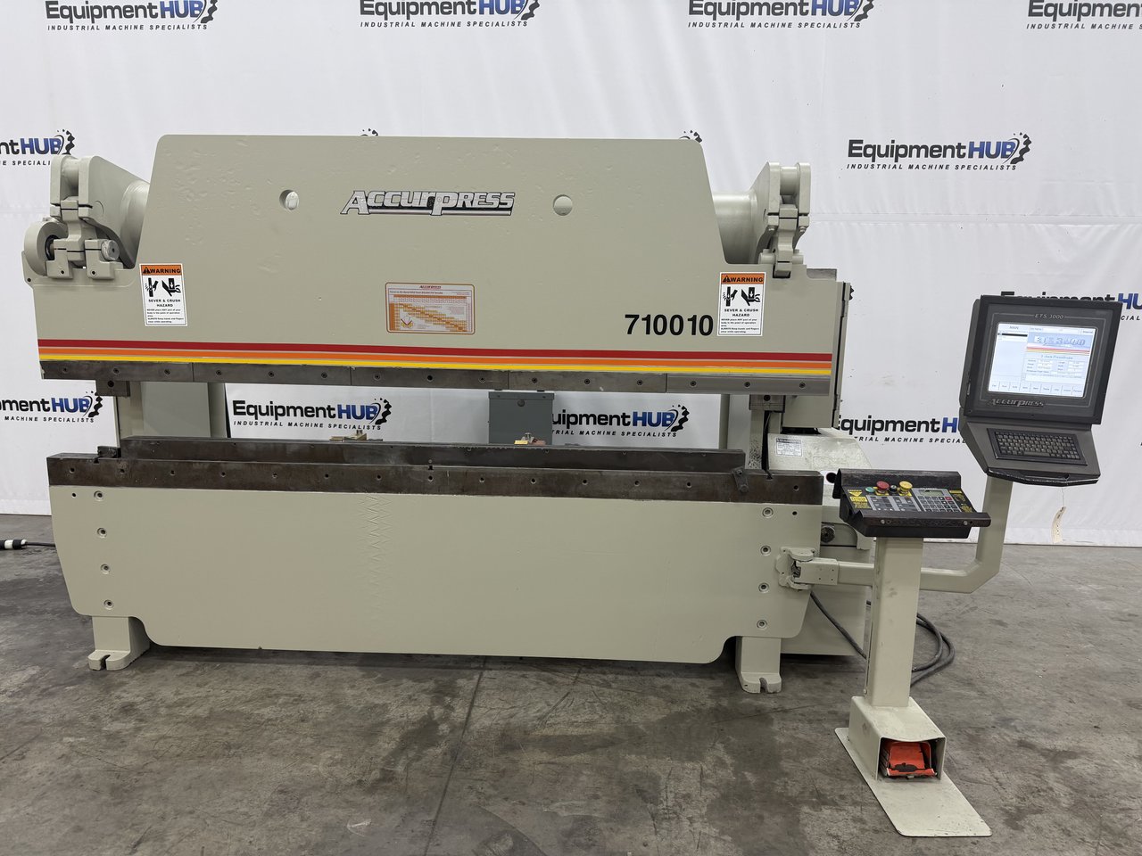 100 Ton, Accurpress #710010, 3-Axis CNC hydraulic press brake, 10' overall, 102" between housing, 8" stroke