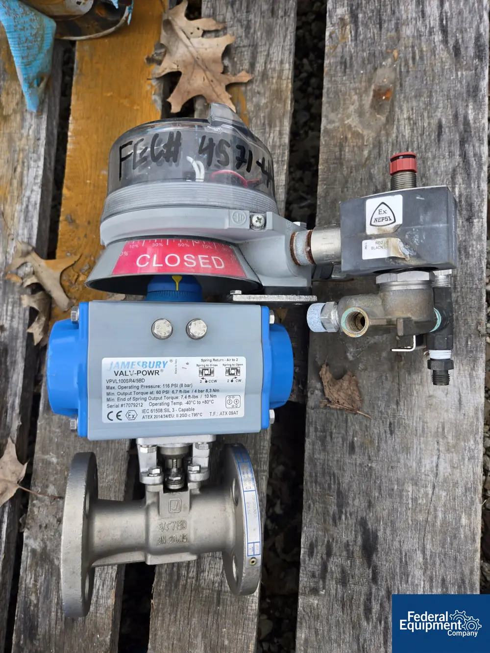 Pneumatic Valve, Stainless Steel, Jamesbury Valv-Powr #VPVL100SR4/5BD spring return actuator, Metso Quartz