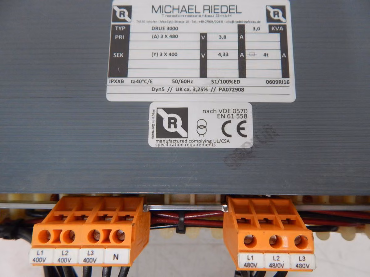 3 KVA 480 Primary, 400 Secondary, Michael Riedel, VDE 0570 Transformer
