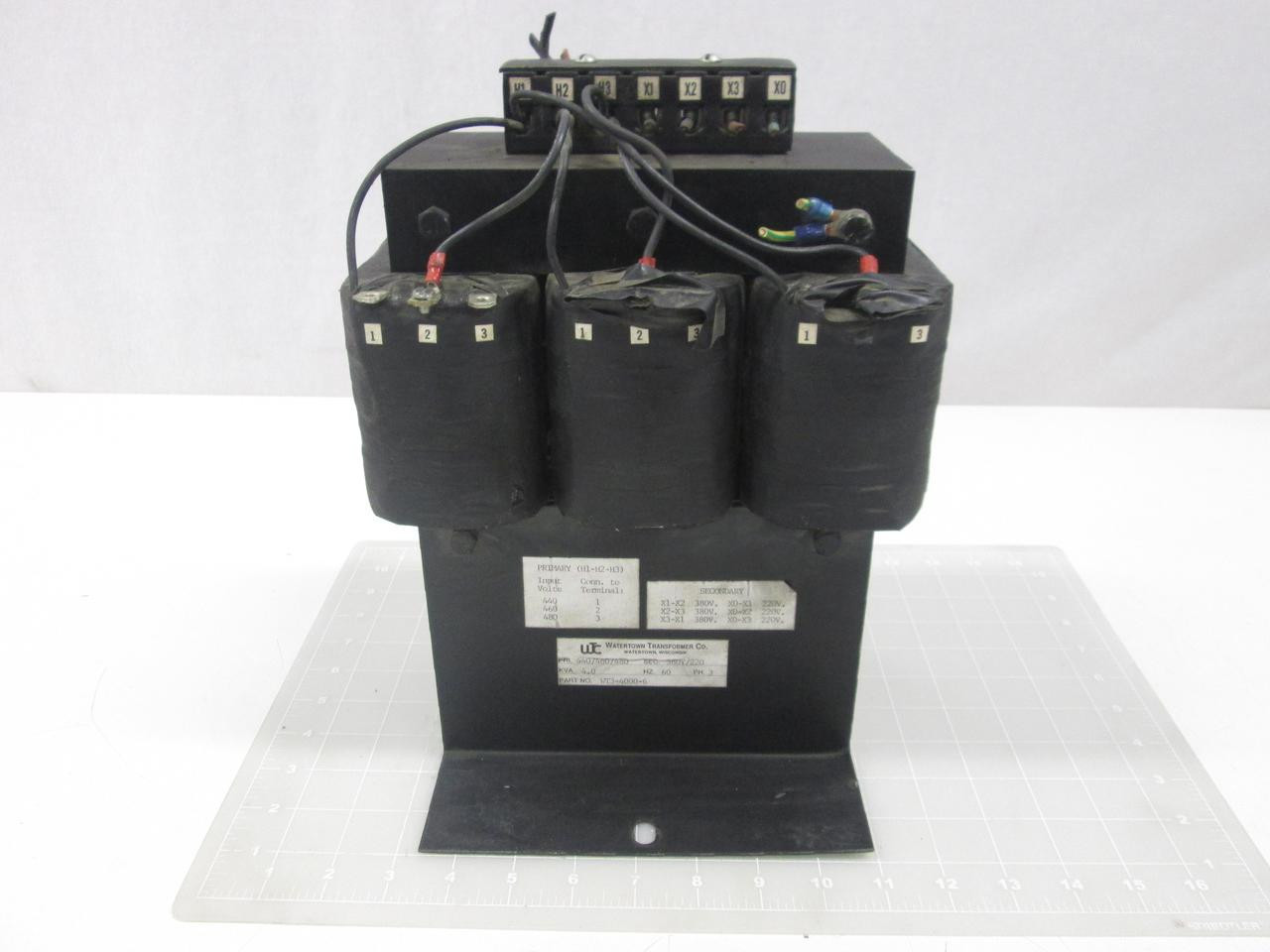 4 KVA 440/460/480 Primary, 380Y/220 Secondary, Watertown #WT3-4000-6, Transformer, 3 Phase