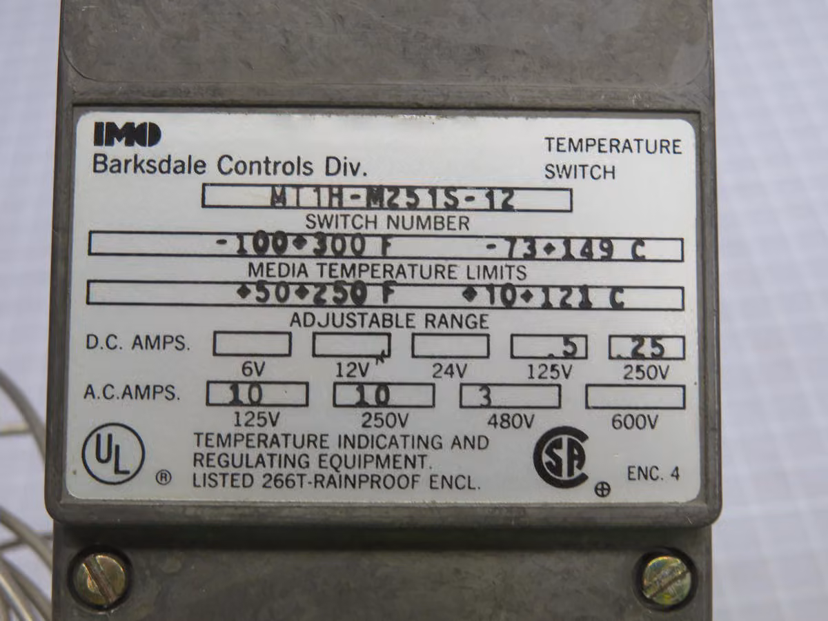 Barksdale #MT1H-M251S-12, Temperature Switch