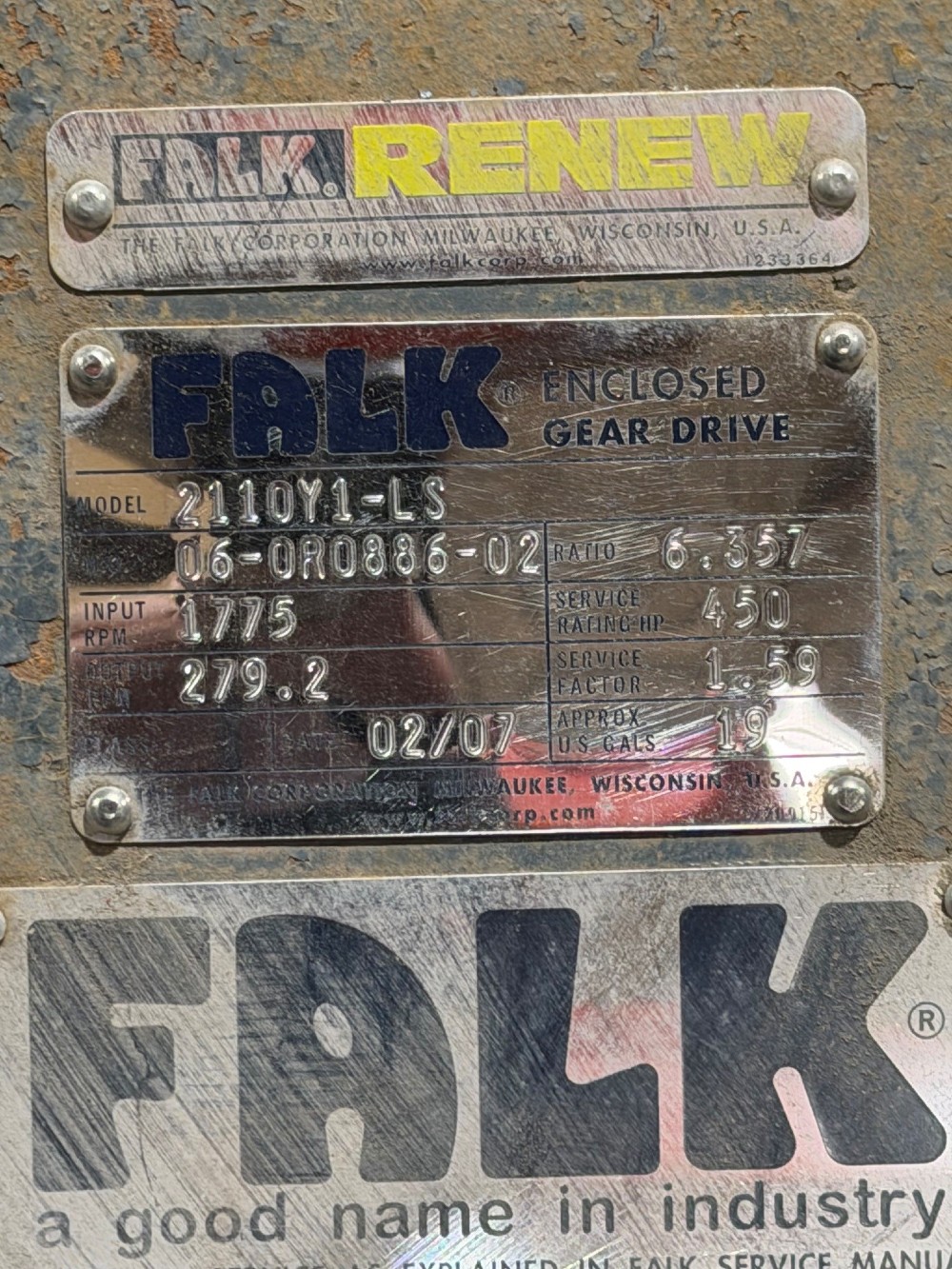 450 HP @ 1775 RPM, Falk #21110Y1-LS, 279 RPM out, 6.35 :1 ratio